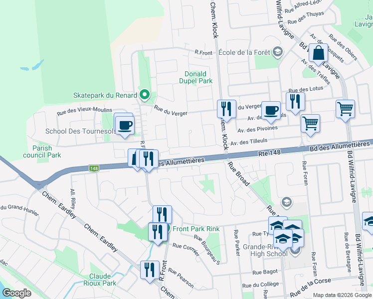 map of restaurants, bars, coffee shops, grocery stores, and more near 34 Rue du Vison in Gatineau