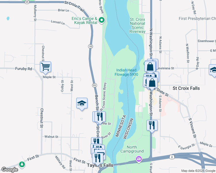 map of restaurants, bars, coffee shops, grocery stores, and more near 812 Chisago Street in Taylors Falls
