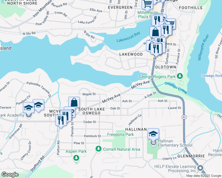 map of restaurants, bars, coffee shops, grocery stores, and more near 1017 Lake Front Road in Lake Oswego