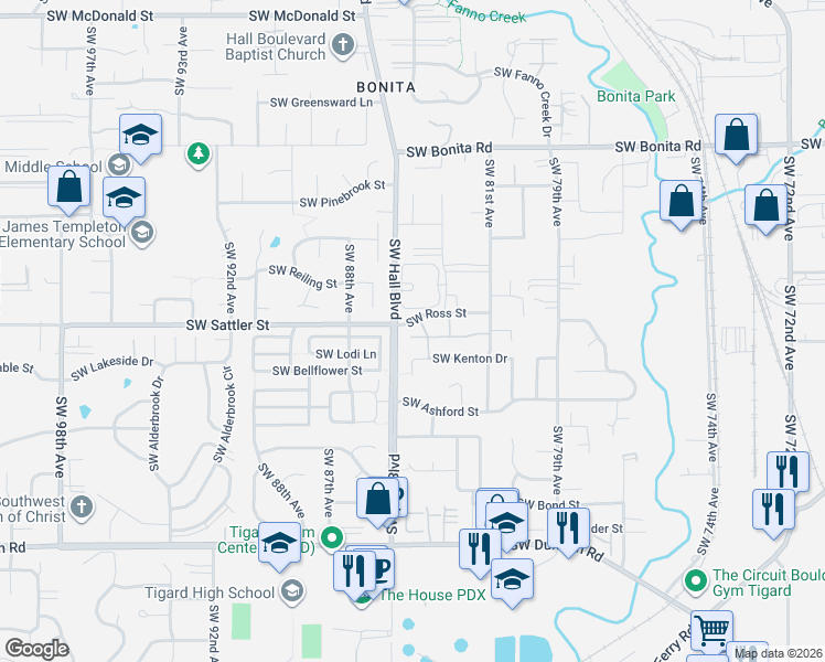 map of restaurants, bars, coffee shops, grocery stores, and more near 8425 Southwest Norfolk Court in Tigard