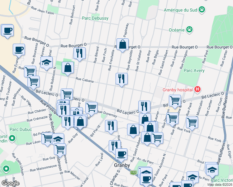 map of restaurants, bars, coffee shops, grocery stores, and more near 233 Rue Papineau in Granby