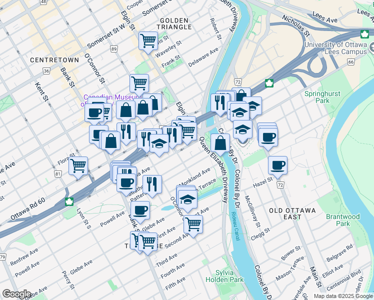 map of restaurants, bars, coffee shops, grocery stores, and more near 28 Pretoria Avenue in Ottawa