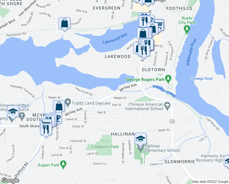 map of restaurants, bars, coffee shops, grocery stores, and more near 810 Maple Street in Lake Oswego