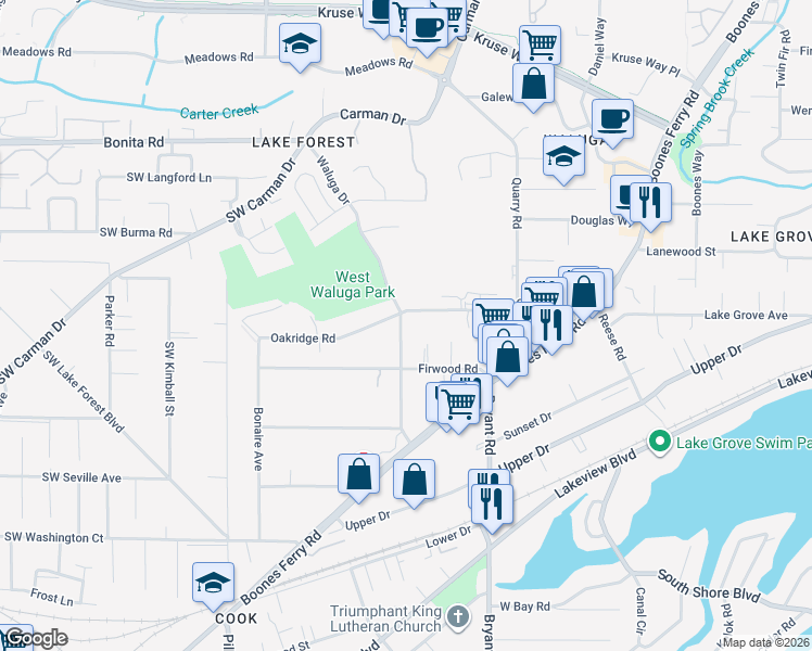 map of restaurants, bars, coffee shops, grocery stores, and more near 15930 Waluga Drive in Lake Oswego