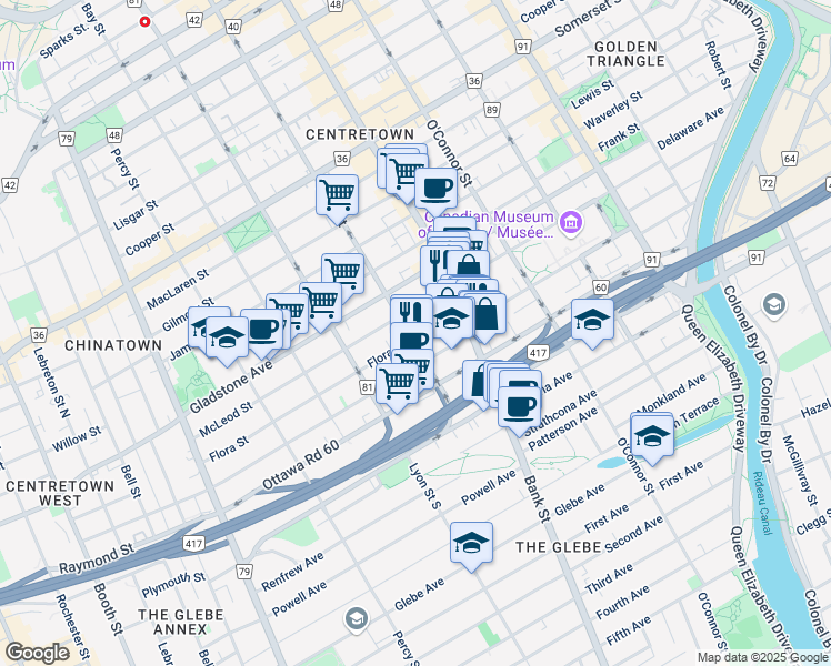 map of restaurants, bars, coffee shops, grocery stores, and more near in Ottawa