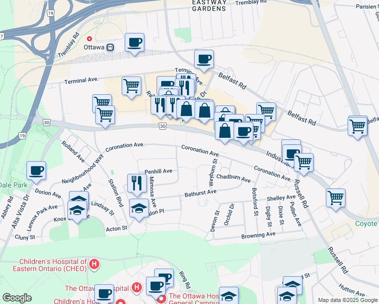 map of restaurants, bars, coffee shops, grocery stores, and more near 552 Coronation Avenue in Ottawa