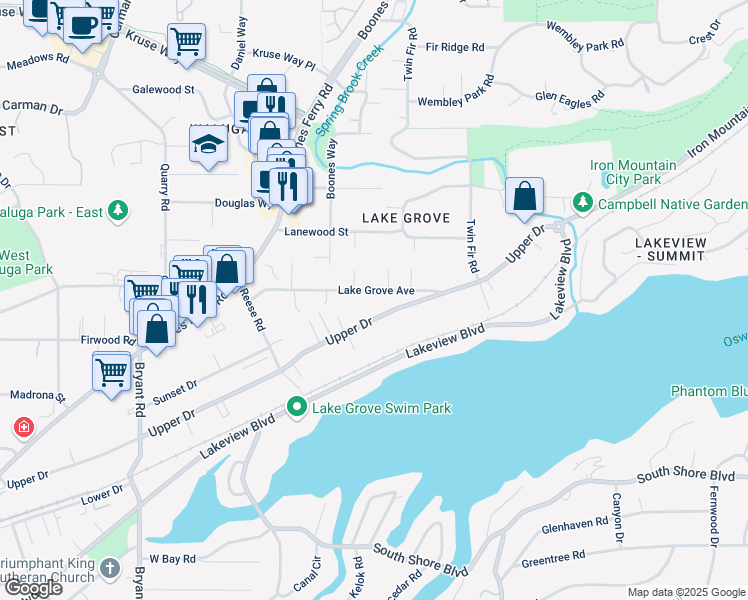 map of restaurants, bars, coffee shops, grocery stores, and more near 3552 Upper Drive in Lake Oswego