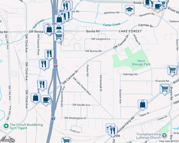 map of restaurants, bars, coffee shops, grocery stores, and more near 16020 Parker Road in Lake Oswego