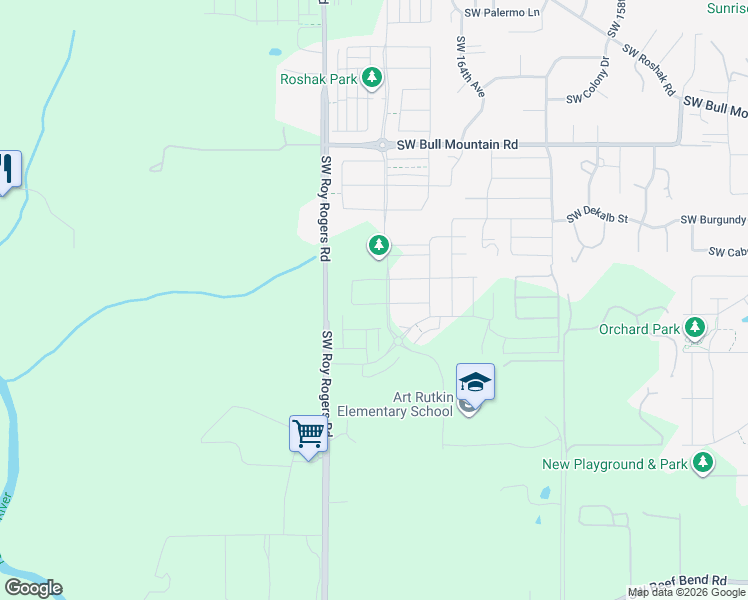 map of restaurants, bars, coffee shops, grocery stores, and more near 15252 Southwest Roy Rogers Road in Sherwood