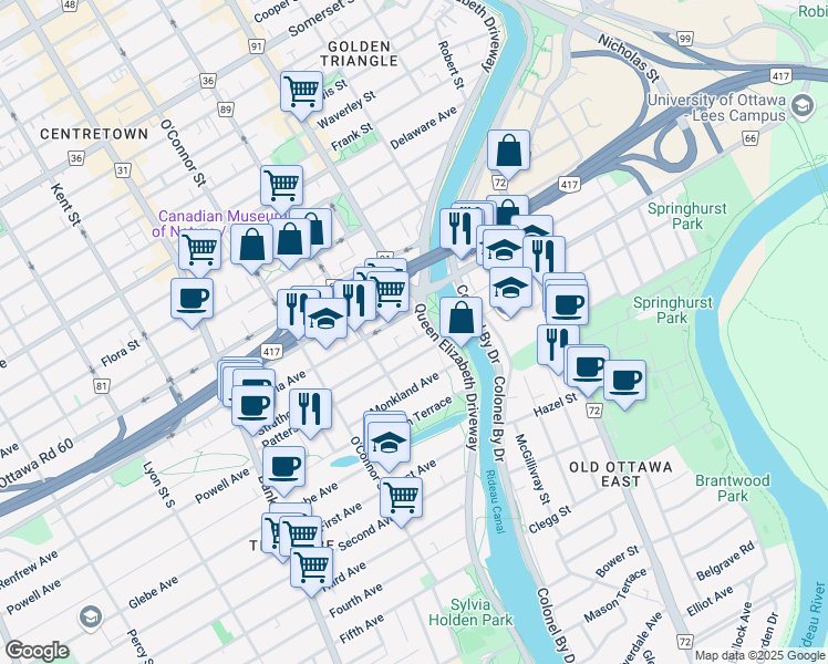 map of restaurants, bars, coffee shops, grocery stores, and more near 35 Patterson Avenue in Ottawa