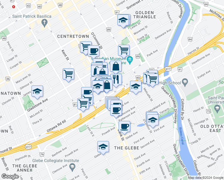 map of restaurants, bars, coffee shops, grocery stores, and more near 521 Ottawa Regional Road 31 in Ottawa