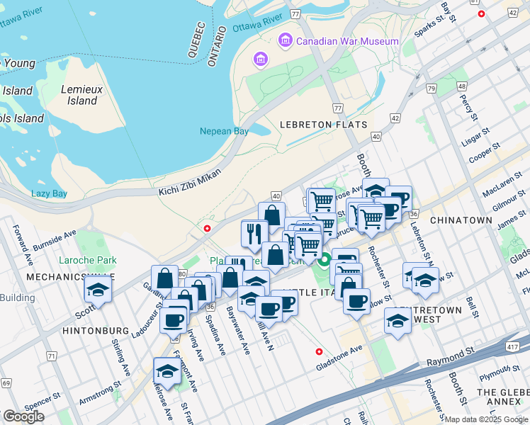 map of restaurants, bars, coffee shops, grocery stores, and more near 24 City Centre Avenue in Ottawa