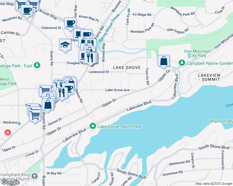 map of restaurants, bars, coffee shops, grocery stores, and more near 3552 Upper Drive in Lake Oswego