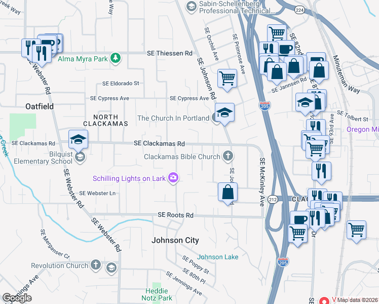 map of restaurants, bars, coffee shops, grocery stores, and more near 15537 Southeast Thorville Avenue in Milwaukie