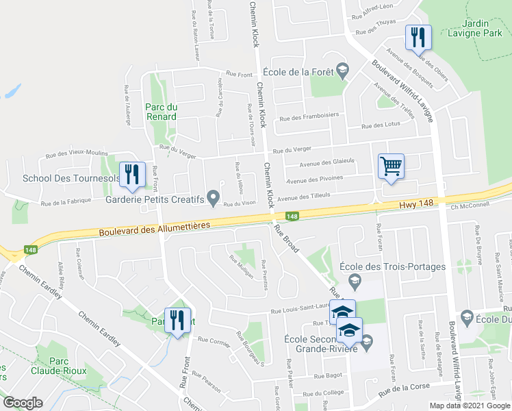 map of restaurants, bars, coffee shops, grocery stores, and more near 84 Rue du Vison in Gatineau