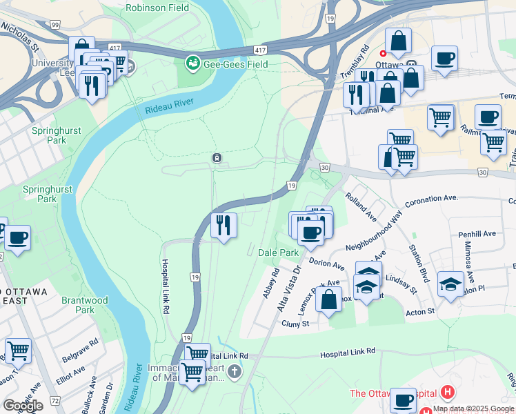 map of restaurants, bars, coffee shops, grocery stores, and more near 9 San Remo Private in Ottawa