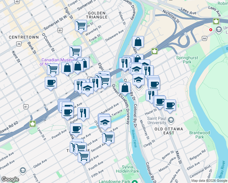 map of restaurants, bars, coffee shops, grocery stores, and more near 19 Strathcona Avenue in Ottawa