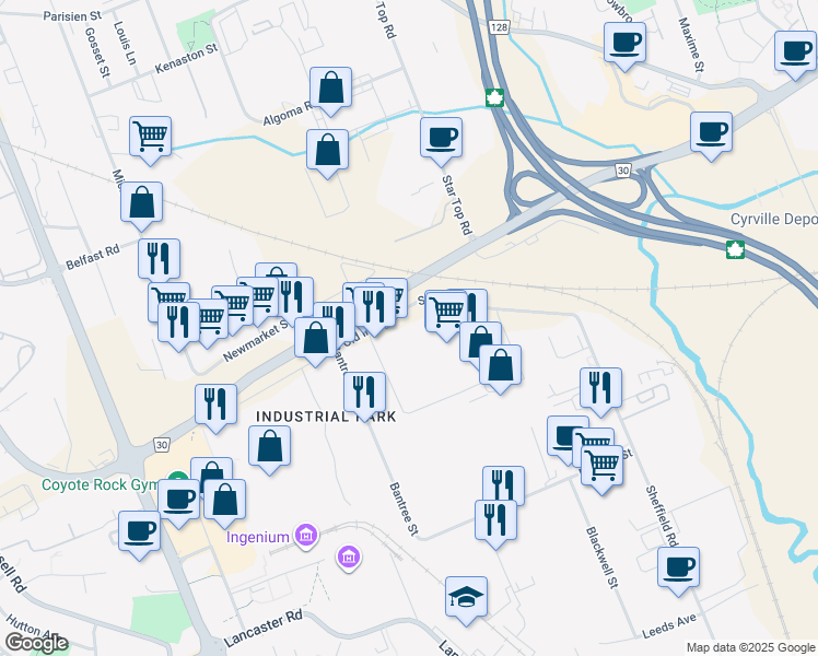 map of restaurants, bars, coffee shops, grocery stores, and more near 1260 Old Innes Road in Ottawa