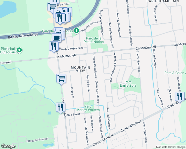 map of restaurants, bars, coffee shops, grocery stores, and more near 24 Chemin Castelbeau in Gatineau