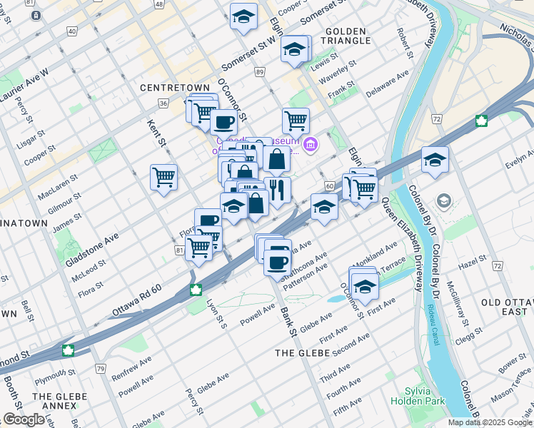 map of restaurants, bars, coffee shops, grocery stores, and more near 203 Catherine Street in Ottawa