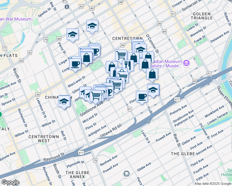 map of restaurants, bars, coffee shops, grocery stores, and more near 509 Gladstone Avenue in Ottawa