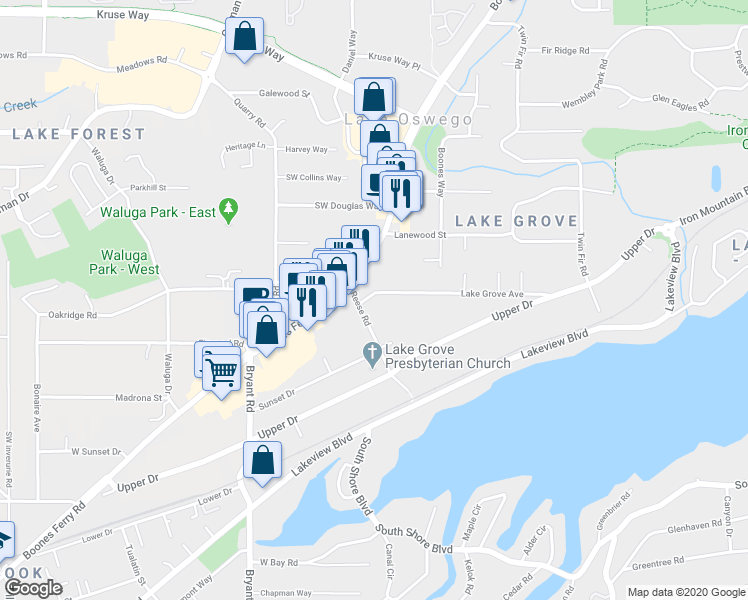 map of restaurants, bars, coffee shops, grocery stores, and more near 15840 Boones Ferry Road in Lake Oswego