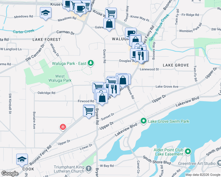 map of restaurants, bars, coffee shops, grocery stores, and more near 4309 Oakridge Road in Lake Oswego