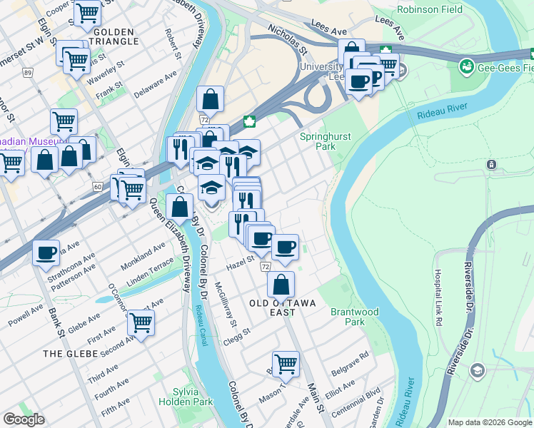 map of restaurants, bars, coffee shops, grocery stores, and more near 67 Springhurst Avenue in Ottawa