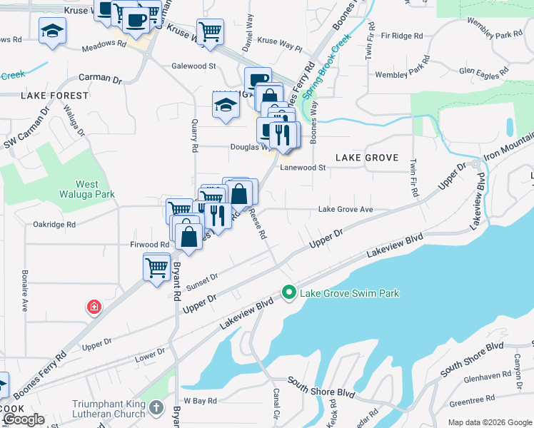 map of restaurants, bars, coffee shops, grocery stores, and more near 3930 Lake Grove Avenue in Lake Oswego