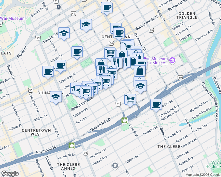 map of restaurants, bars, coffee shops, grocery stores, and more near 498 Gladstone Avenue in Ottawa