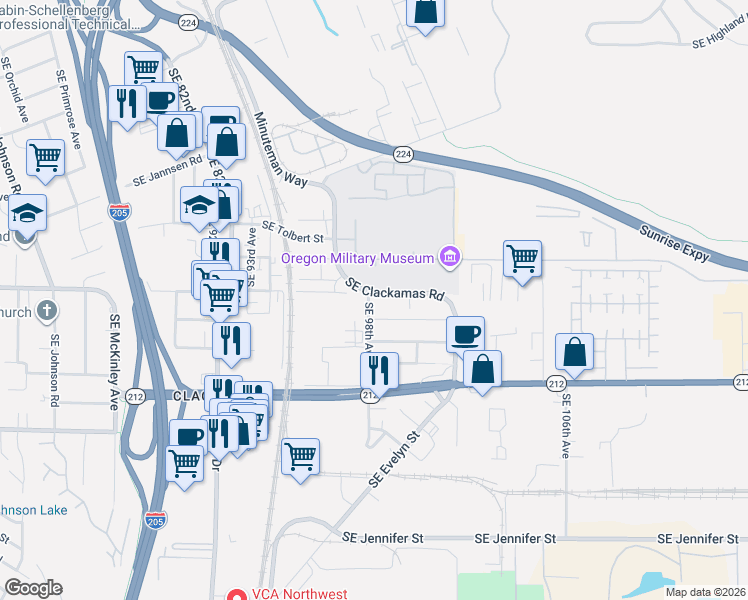map of restaurants, bars, coffee shops, grocery stores, and more near 9818 Southeast Clackamas Road in Clackamas County