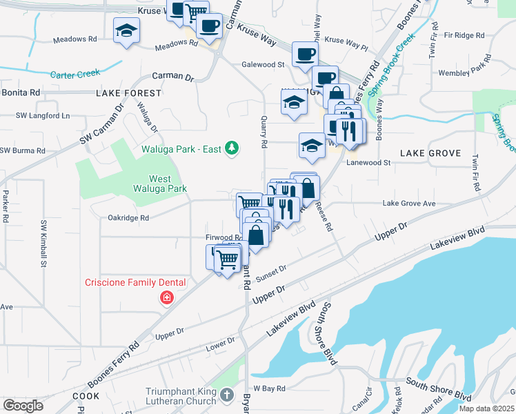 map of restaurants, bars, coffee shops, grocery stores, and more near 15951 Quarry Road in Lake Oswego