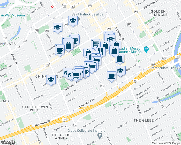 map of restaurants, bars, coffee shops, grocery stores, and more near 163 Florence Street in Ottawa