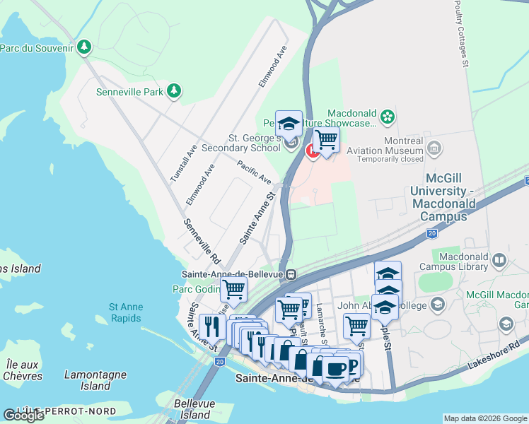 map of restaurants, bars, coffee shops, grocery stores, and more near 2 Rue Sainte Anne in Sainte-Anne-de-Bellevue