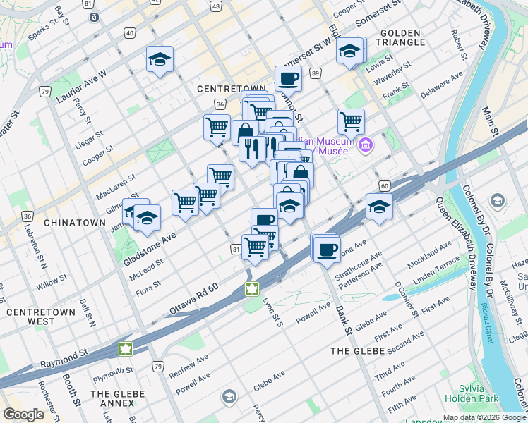 map of restaurants, bars, coffee shops, grocery stores, and more near 475 Kent Street in Ottawa