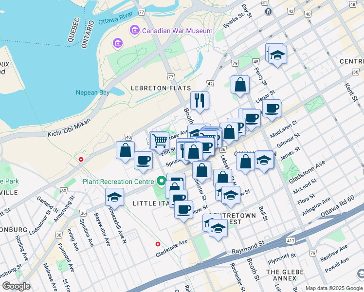 map of restaurants, bars, coffee shops, grocery stores, and more near Rochester Street & Elm Street in Ottawa