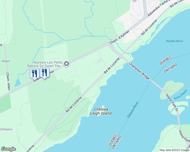 map of restaurants, bars, coffee shops, grocery stores, and more near 115 Rue Champêtre in Gatineau