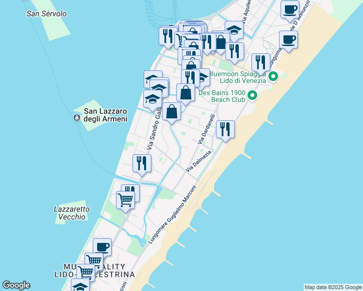 map of restaurants, bars, coffee shops, grocery stores, and more near 37 Via Lepanto in Lido
