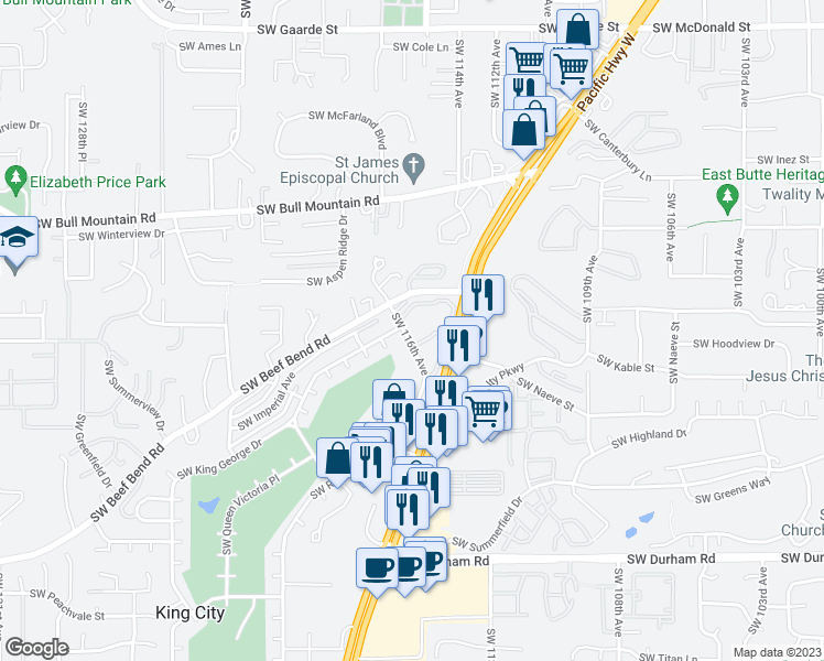 map of restaurants, bars, coffee shops, grocery stores, and more near 11575 Southwest Crown Drive in King City
