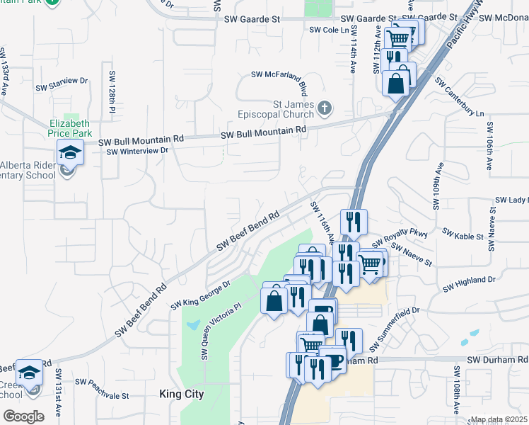 map of restaurants, bars, coffee shops, grocery stores, and more near 15120 Southwest 119th Avenue in Tigard