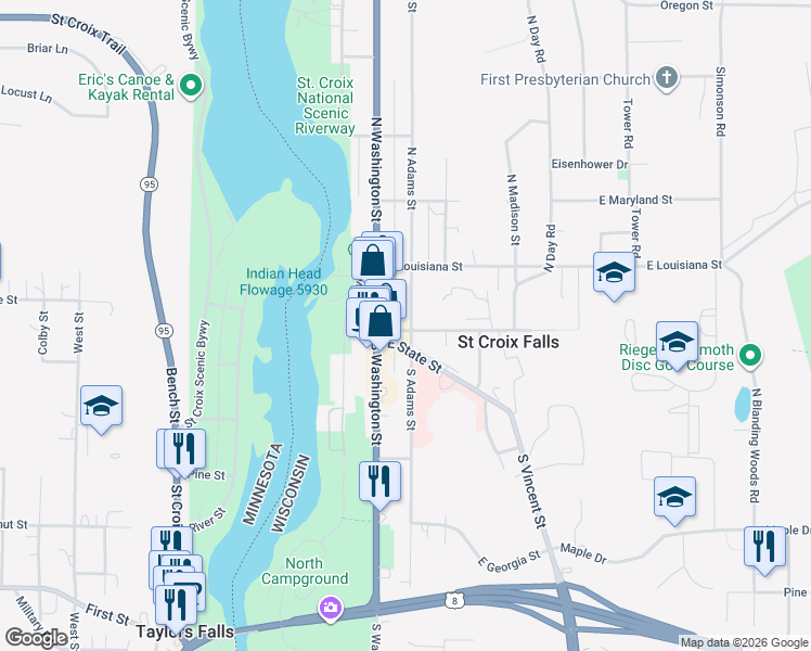 map of restaurants, bars, coffee shops, grocery stores, and more near 210 East Kentucky Street in Saint Croix Falls