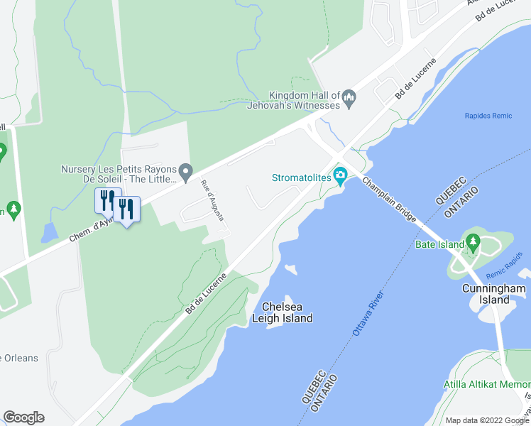 map of restaurants, bars, coffee shops, grocery stores, and more near 115 Rue Champêtre in Gatineau