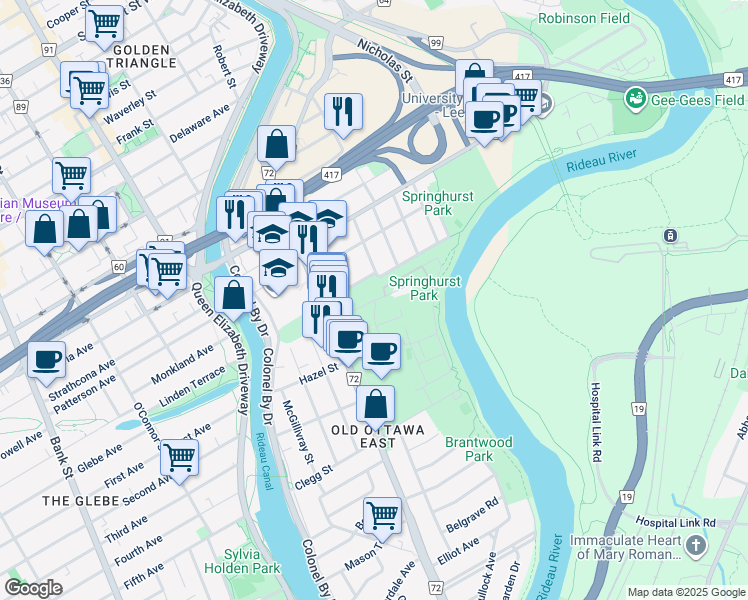 map of restaurants, bars, coffee shops, grocery stores, and more near Des Oblats Avenue in Ottawa