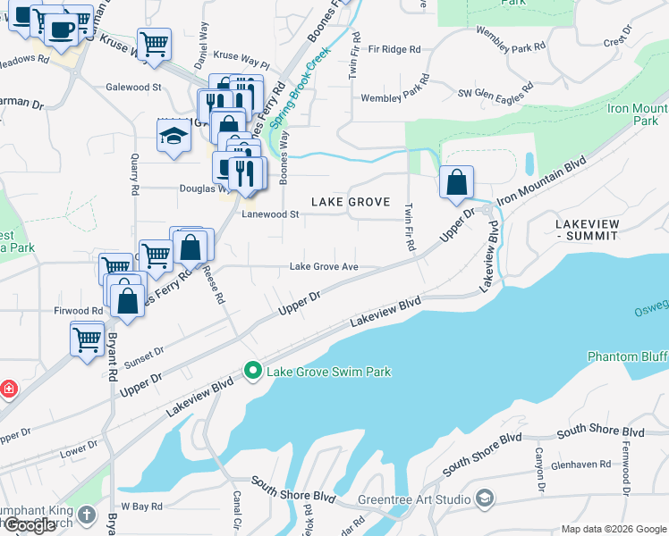 map of restaurants, bars, coffee shops, grocery stores, and more near 3411 Lake Grove Avenue in Lake Oswego