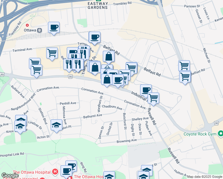map of restaurants, bars, coffee shops, grocery stores, and more near 590-650 Industrial Avenue in Ottawa