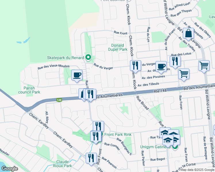 map of restaurants, bars, coffee shops, grocery stores, and more near 3 Rue du Vison in Gatineau