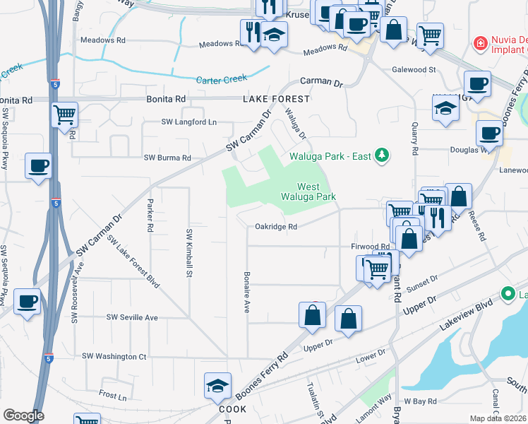 map of restaurants, bars, coffee shops, grocery stores, and more near 5492 Yorkshire Place in Lake Oswego