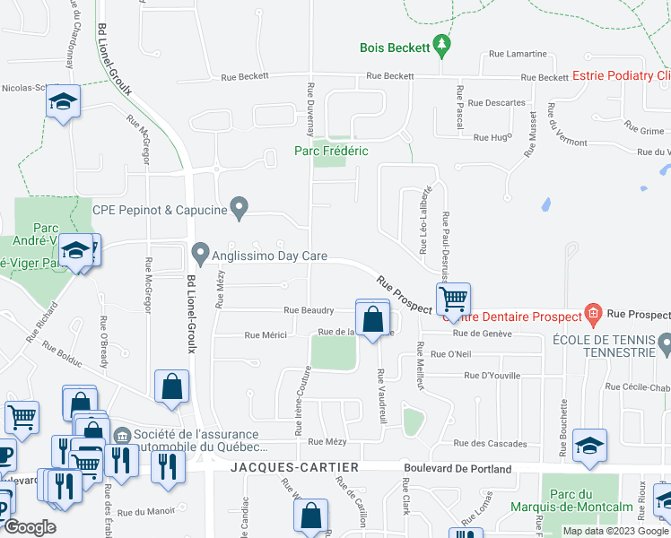 map of restaurants, bars, coffee shops, grocery stores, and more near 2630 Rue Prospect in Sherbrooke