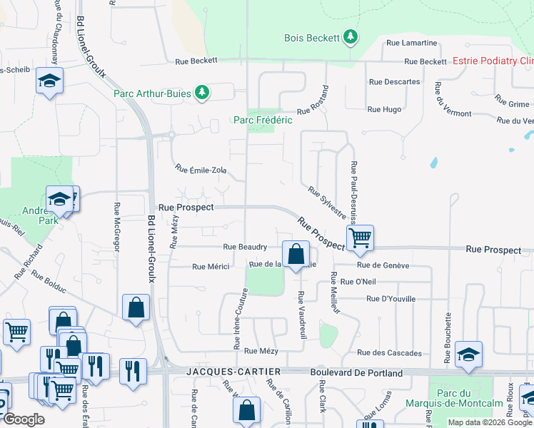 map of restaurants, bars, coffee shops, grocery stores, and more near 2630 Rue Prospect in Sherbrooke