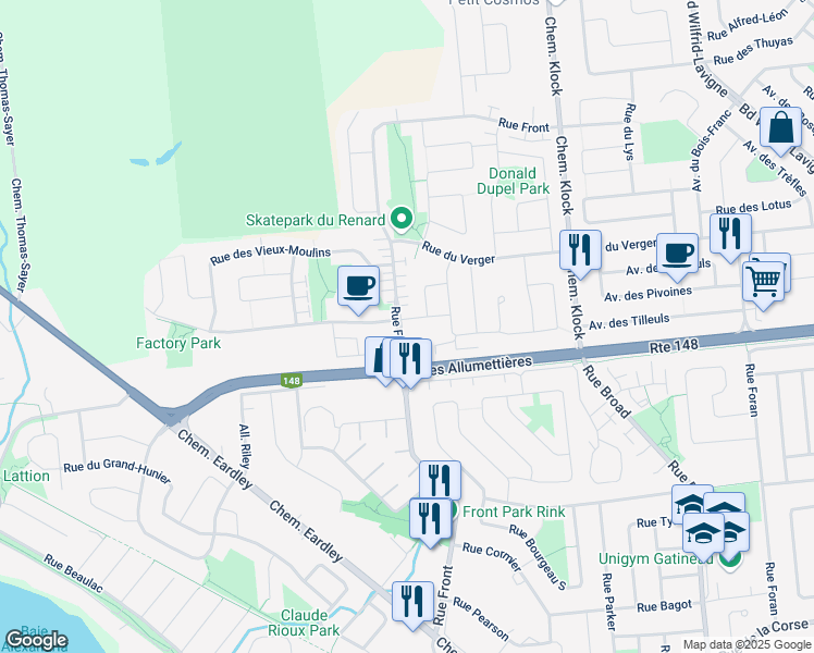 map of restaurants, bars, coffee shops, grocery stores, and more near 2 Rue de l'Oie Blanche in Gatineau